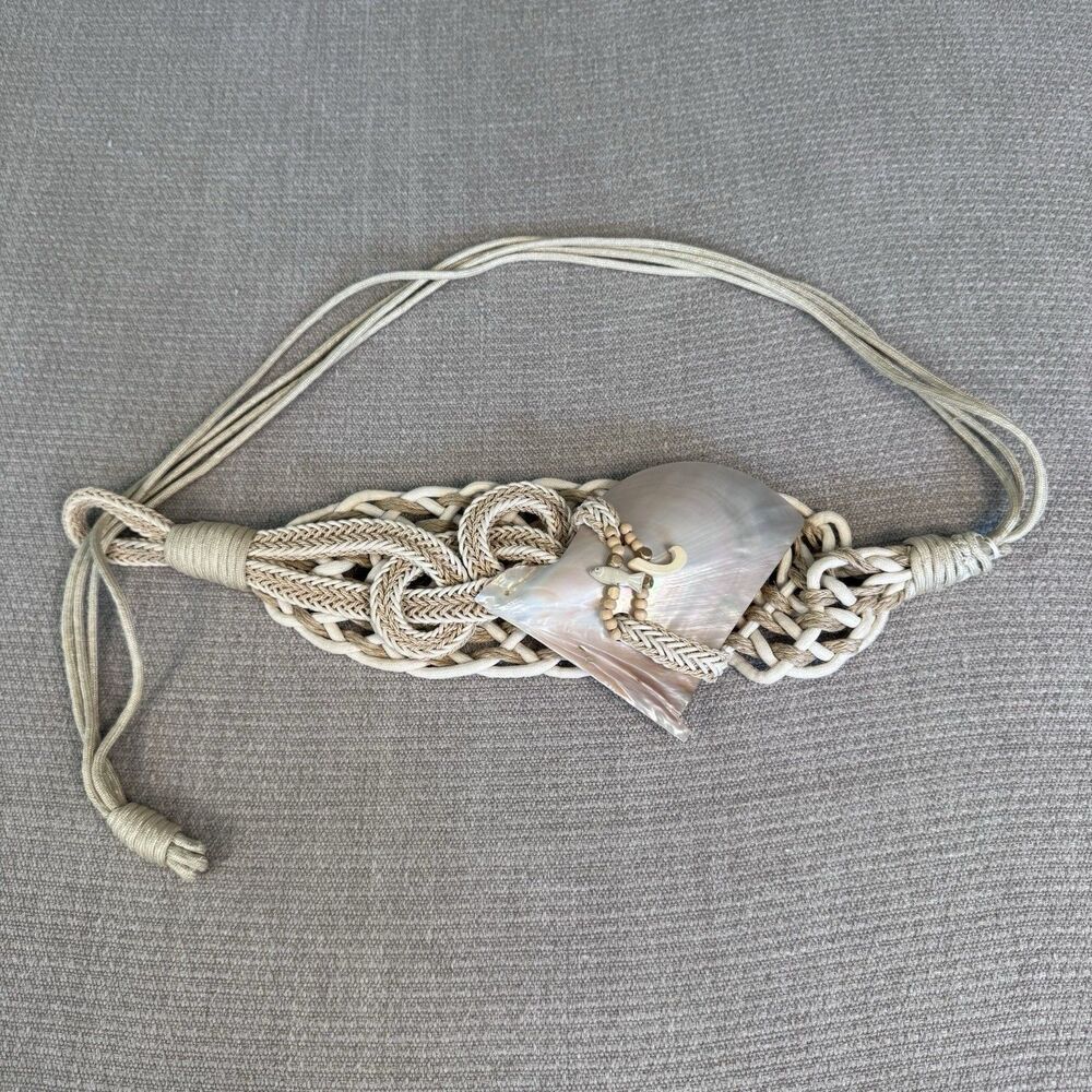 Vintage Braided Cord Macrame Abalone Shell Belt Artsy Boho Mermaid Coastal 543